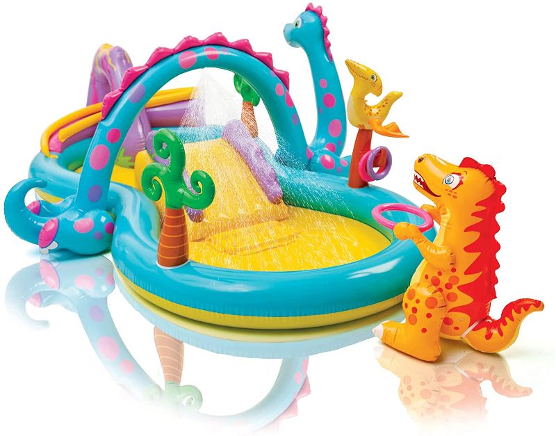 Photo 1 of Intex 11ft x 7.5ft x 44in Dinoland Backyard Play Center Kiddie Inflatable Swimming Pool with Slide, Dino Arch Water Sprayer and Games for Ages 2+