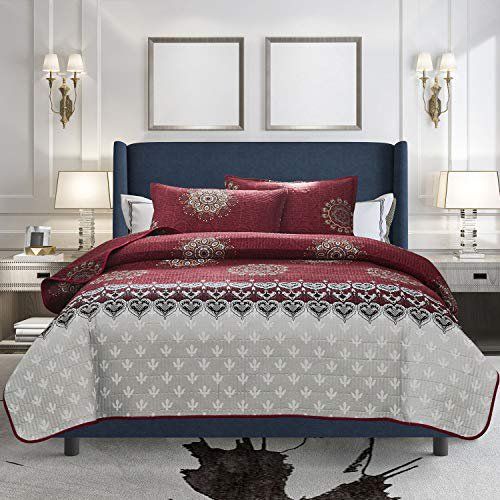 Photo 1 of ATsense Printed Quilt Set King 104" W×90" L, Burgundy Medallion 3-Piece Bedspread, Lightweight Microfiber Coverlet Bedding
