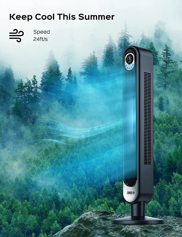 Photo 1 of Dreo 42 Inch Tower Fan . Floor Fan Oscillating 90°. Powerful Fan 6 Speeds. Quiet Bladeless Fan. 3 Modes. 12-Hour Timer. LED Display. Black Indoor Standing Fans for Home Bedroom Office Room, 
