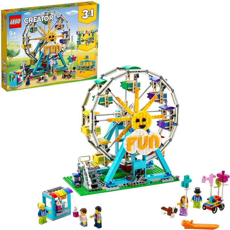 Photo 1 of LEGO Creator 3in1 Ferris Wheel 31119 Building Kit with Rebuildable Toy Bumper Cars, Boat Swing and 5 Minifigures; New 2021 (1,002 Pieces), No sign of Damage or Missing Pieces