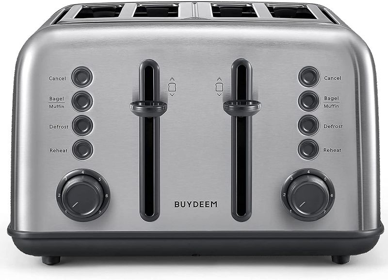 Photo 1 of BUYDEEM DT-640 4-Slice Toaster, Extra Wide Slots, Retro Stainless Steel with High Lift Lever, Bagel and Muffin Function, Removal Crumb Tray, 7-Shade Settings (Stainless Steel)