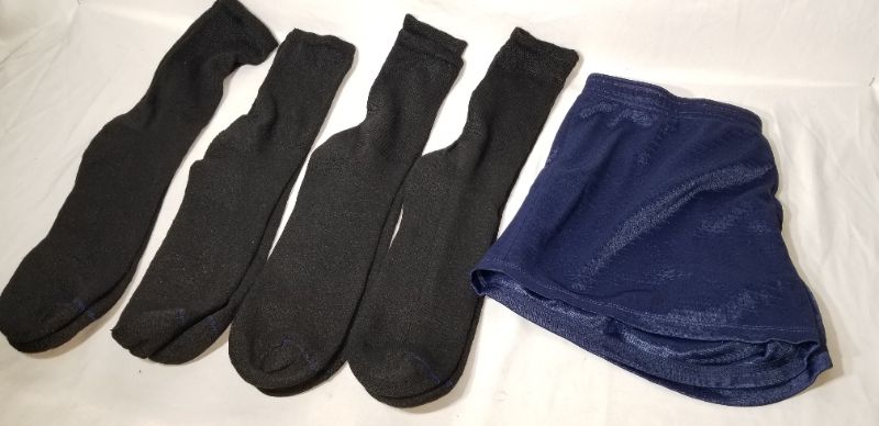 Photo 1 of FOUR PAIRS OF SOCKS (BLACK) AND A PAIR OF MESH SPORT SHORTS, (BLUE, SMALL)