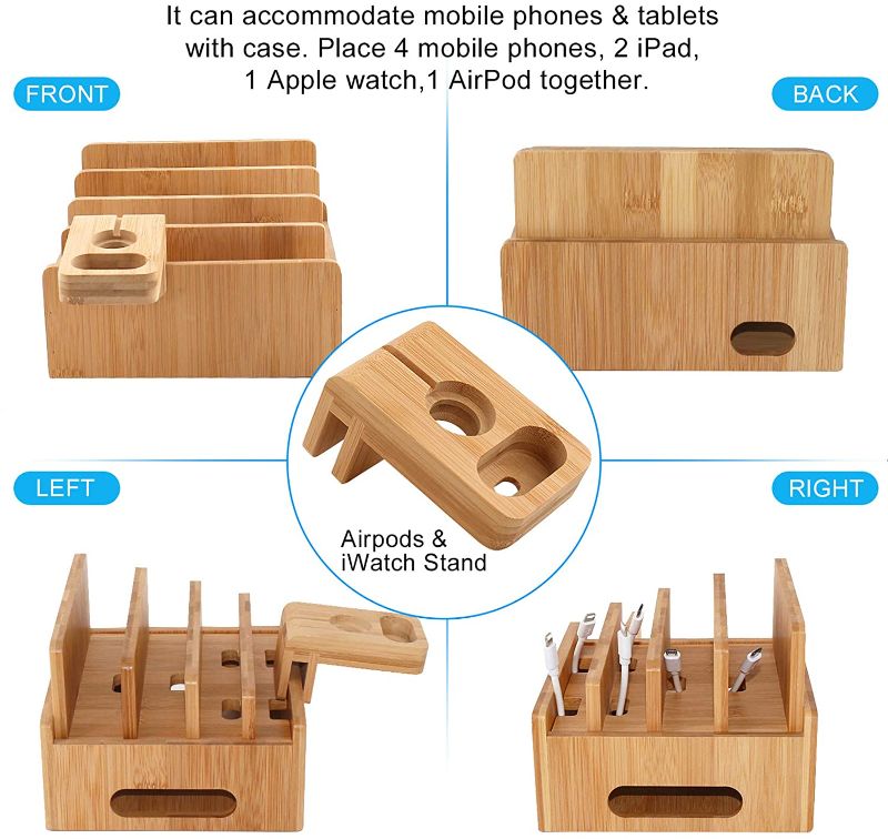 Photo 2 of Pezin & Hulin Multi-Device Bamboo Charging Stations, Desktop Docking Station Organizer for Cell Phones, Tablets, Smart Watch and Headphone Holder (Includes 5 Cables, But No Power Supply Charger)