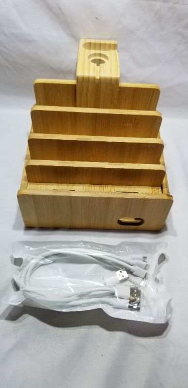 Photo 1 of Pezin & Hulin Multi-Device Bamboo Charging Stations, Desktop Docking Station Organizer for Cell Phones, Tablets, Smart Watch and Headphone Holder (Includes 5 Cables, But No Power Supply Charger)