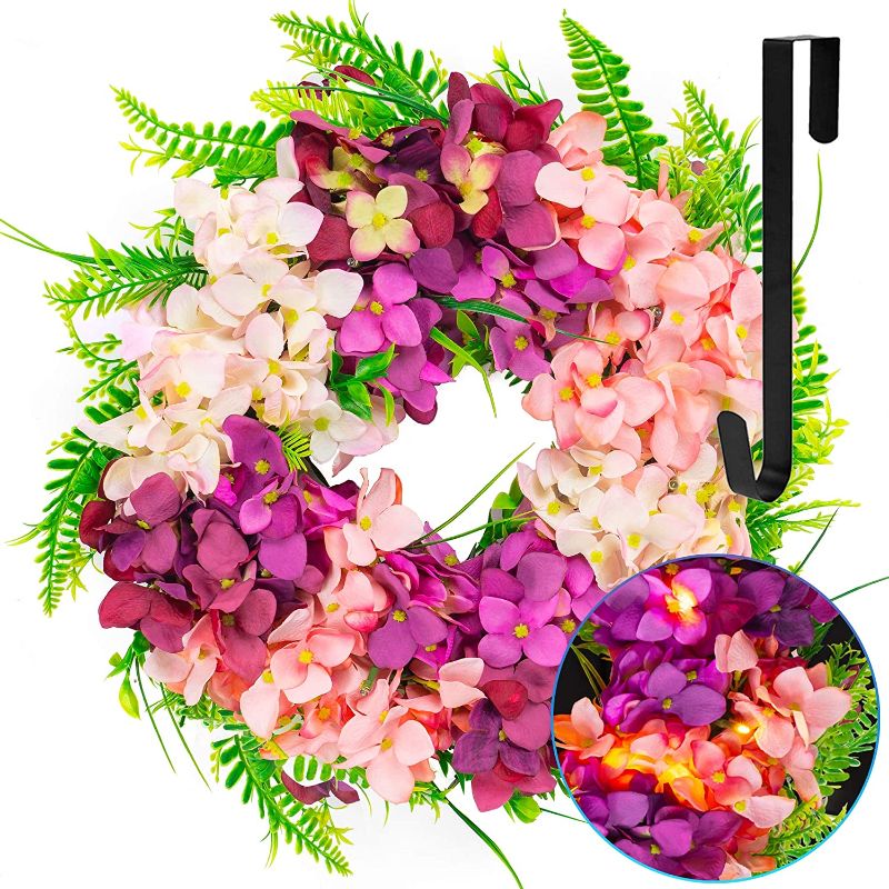 Photo 1 of Funpeny 40 LED Pre-Lit Hydrangea Wreath with Lights, Artificial Spring Summer Wreath, Front Door Decoration,