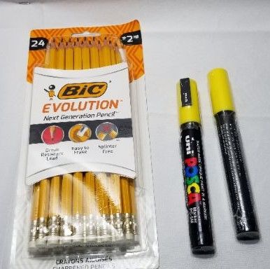 Photo 1 of BIC EVOLUTONS 24 PACK PENCILS AND TWO POSCA ACRYLIC PAINT MARKERS, YELLOW