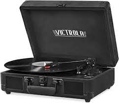 Photo 1 of Victrola Vintage 3-Speed Bluetooth Portable Suitcase Record Player with Built-in Speakers | Upgraded Turntable Audio Sound| Includes Extra Stylus | Black, Model Number: VSC-550BT-BK (locking latch is broken, miss screws on back hinge)  