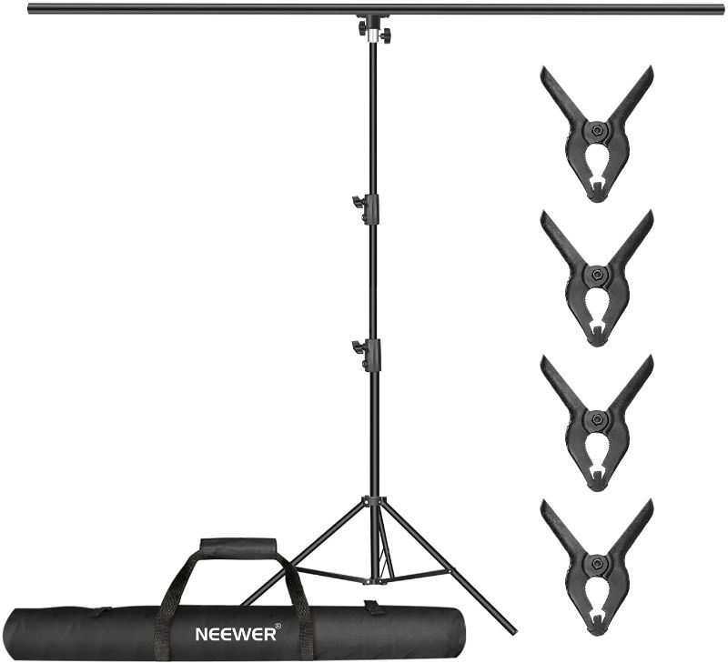 Photo 1 of Neewer T-Shape Background Backdrop Support Stand Kit, 8.5ft/2.6M Tall Adjustable Tripod Stand and 5ft/1.5M Wide Crossbars with 4 Spring Clamps and 1 Carrying Bag for Studio Photo Video Photography
