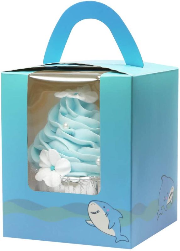 Photo 1 of Yotruth Shark Cupcake Boxes For Boys Single Gift Containers Easy Assembly 25 Sets with Handle Window and Insert (Choice Series)
