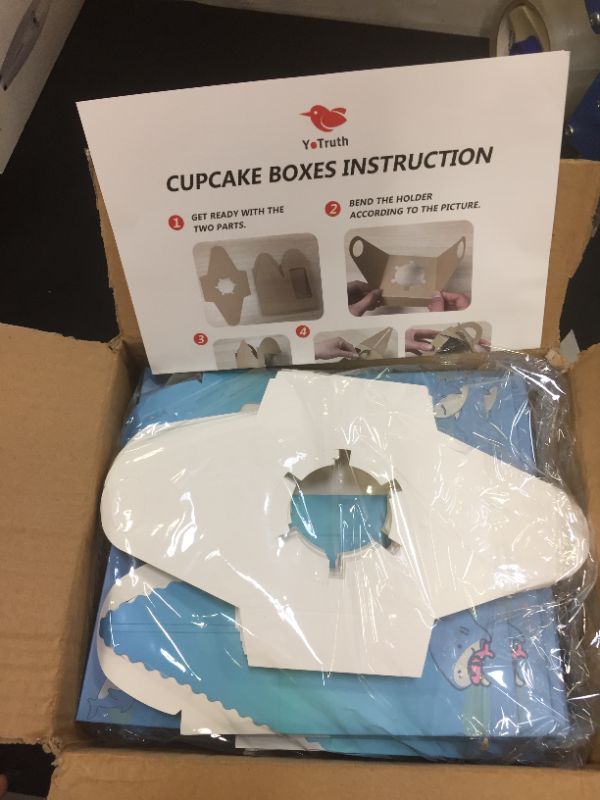 Photo 2 of Yotruth Shark Cupcake Boxes For Boys Single Gift Containers Easy Assembly 25 Sets with Handle Window and Insert (Choice Series)
