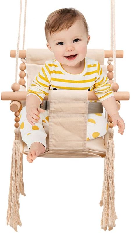 Photo 1 of Baby Hammock Swing Wooden Canvas Baby Swing Seat Indoor and Outdoor Upgraded Version of Thick Rope Sling Baby Swing Chair with Pillow and Safety Buckle
