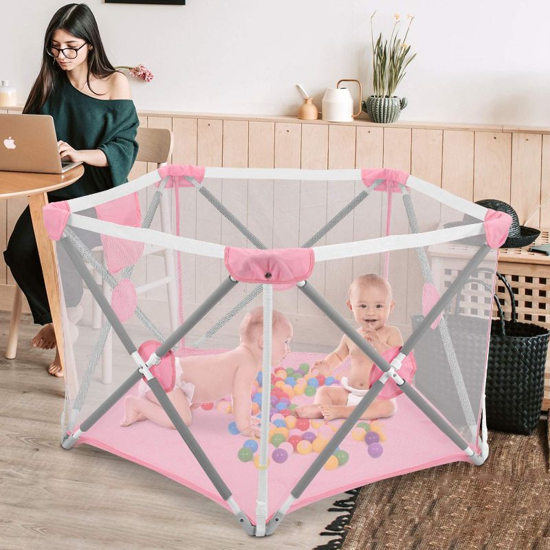 Photo 1 of Playpen for Baby, Johgee Kids 5-Panel Foldable Portable Baby Playpen, Indoors or Outdoors Child Playpen Fence, Safety Games Crawling Playpen for Babies (Pink)
