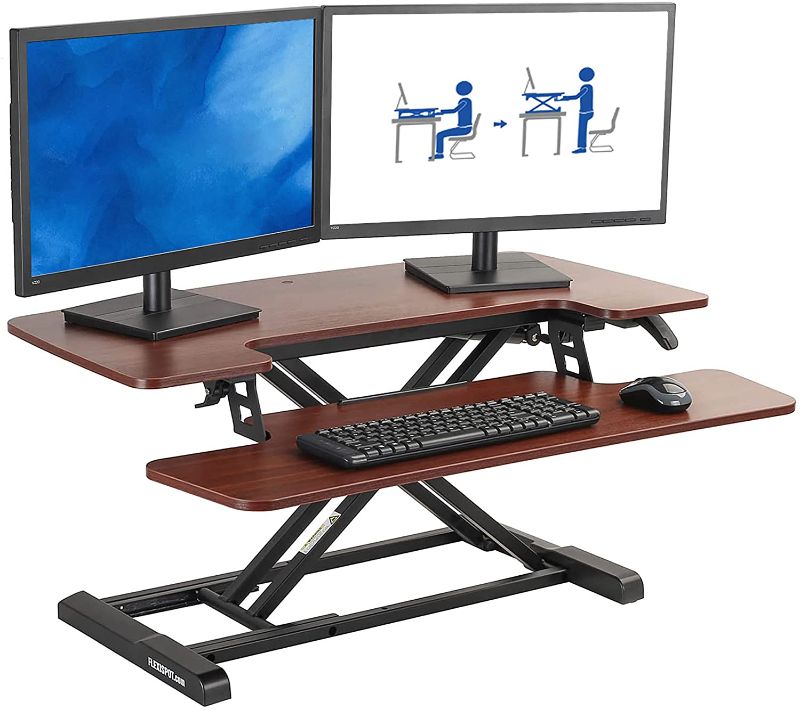 Photo 1 of FLEXISPOT Stand Up Desk Converter -35" Standing Desk Riser with Deep Keyboard Tray for Laptop (35", Mahogany, M7MN)
