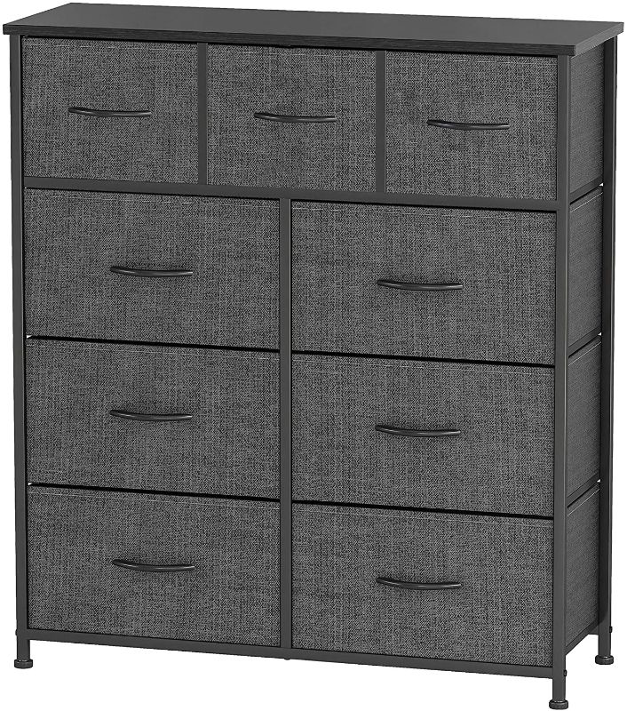 Photo 1 of 9 Drawer Dresser Organizer Fabric Storage Chest for Bedroom, Hallway, Entryway, Closets, Nurseries. Furniture Storage Tower Sturdy Steel Frame, Wood Top, Easy Pull Handle Textured Print Drawers
