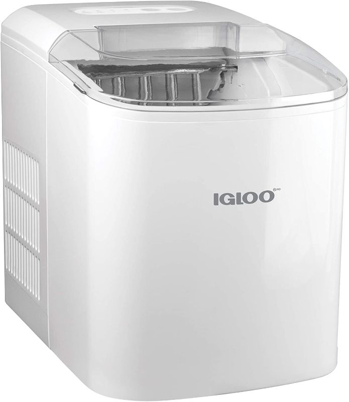 Photo 1 of Igloo ICEB26WH Automatic Portable Electric Countertop Ice Maker Machine, 26 Pounds in 24 Hours, 9 Cubes Ready in 7 minutes, With Scoop and Basket, Perfect for Water Bottles, Mixed Drinks, Parties, WHT
