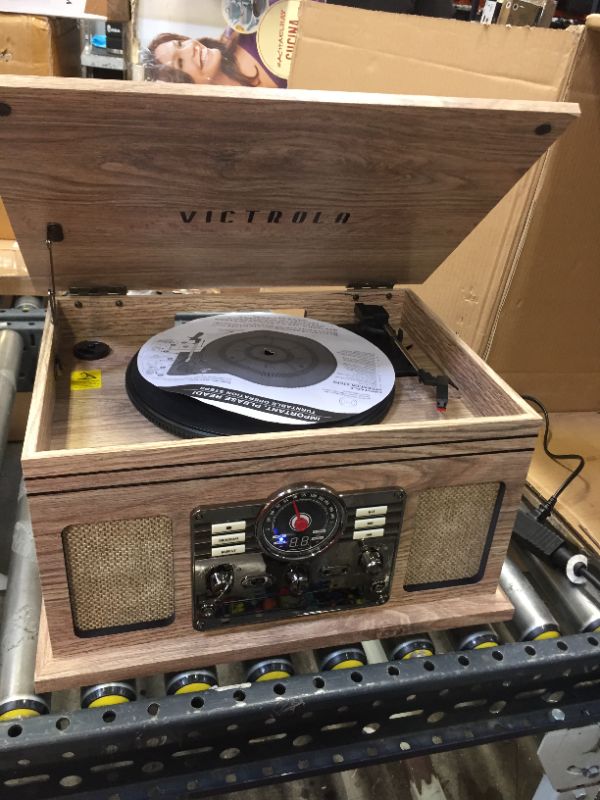 Photo 3 of Victrola Nostalgic 6-in-1 Bluetooth Record Player & Multimedia Center with Built-in Speakers - 3-Speed Turntable, CD & Cassette Player, AM/FM Radio | Wireless Music Streaming | Farmhouse Shiplap Grey

