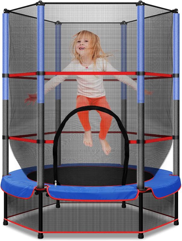 Photo 1 of 55 Inch Trampoline for Kids with Enclosure Net Connected with Jumping Pad, Triple Tree Toddler Trampoline Built-in Double Zipper, Mini Trampoline with Elastic Ropes, Max Load 120lbs
