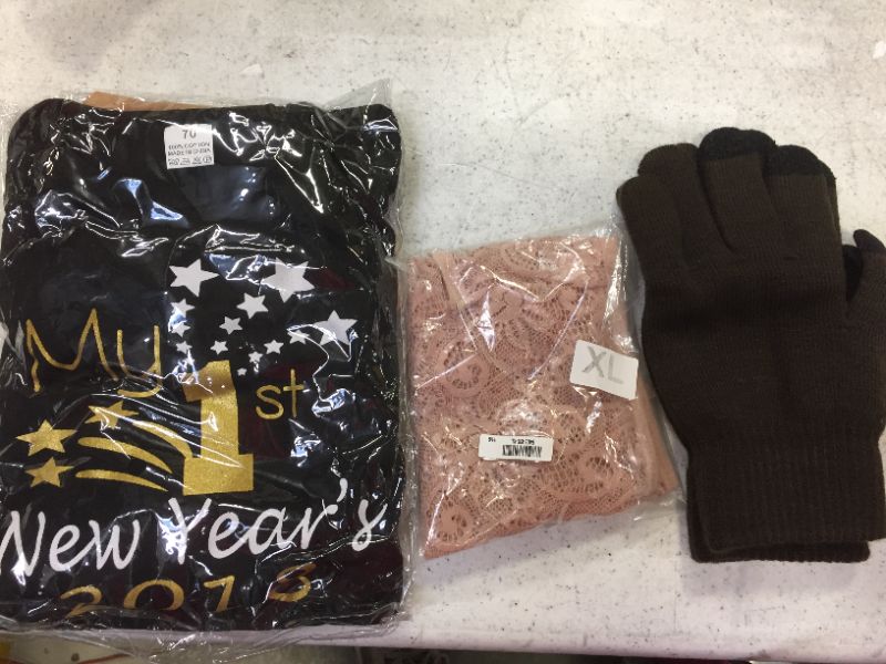 Photo 1 of size 70 baby new year shir, brown gloves and xl womens underwear