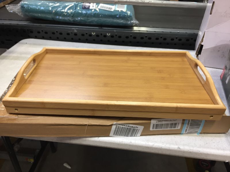 Photo 1 of Breakfast Tray Table with Handles Folding Legs Bed Tray Bamboo TV Laptop Computer Platters Decoration Serving Tray Wood Kitchen Snack Tray(Beige)