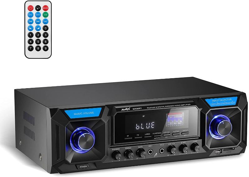 Photo 1 of [Updated] Moukey Stereo Receiver Amplifier Bluetooth 5.0-330W 2.0 Channel Home Audio AMP FM, with USB/SD, 2 Mic in Echo for Karaoke, RCA/3.5mm AUX, LED, Remote for Speaker, PA, Studio-MAMP7

