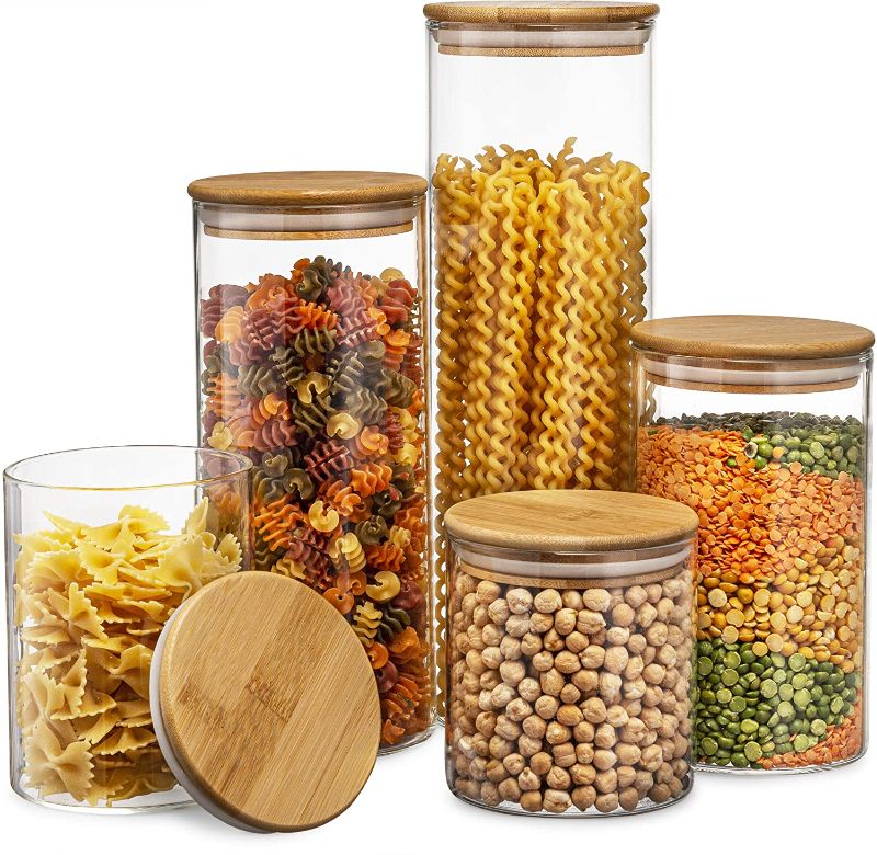 Photo 1 of Canister Set of 5, Glass Kitchen Canisters with Airtight Bamboo Lid, Glass Storage Jars for Kitchen, Bathroom and Pantry Organization Ideal for Flour, Sugar, Coffee, Cookie Jar, Candy, Snack and More

