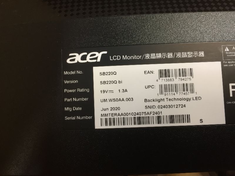 Photo 4 of PARTS ONLY, DOES NOT TURN ON Acer Sb220q Bi 21.5" Full HD (1920 x 1080) IPS Ultra-Thin Zero Frame Monitor