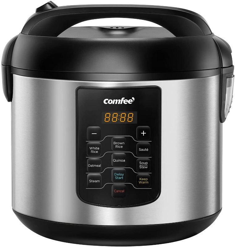 Photo 1 of COMFEE' Rice Cooker, 8-in-1 Stainless Steel Multi Cooker, Slow Cooker, Steamer, Saute, and Warmer, 5.2 QT, 20 Cups Cooked, Brown Rice, Quinoa and Oatmeal, 8 One-Touch Programs

