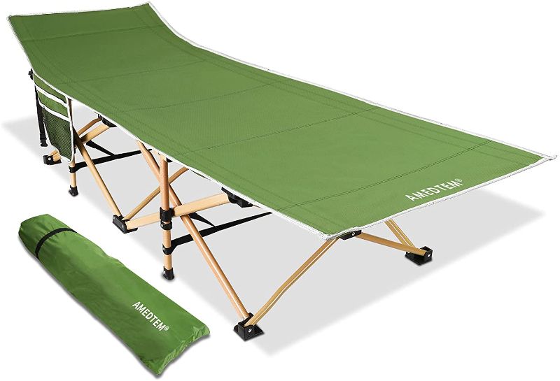 Photo 1 of AMEDTEM Camping Cots, Sleeping Cots Backpacking Bed Oversized Folding Protable with Carry Bag,Travel Camp Cot for Heavy People Home Office Outdoor Hiking Beach Pool, Support 450LBS - Army Green
