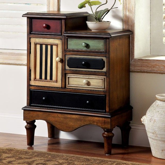 Photo 1 of used and damage at front and top corner ---Neche Accent Chest with Cabinet and 5Drawers  Antique Walnut Finish