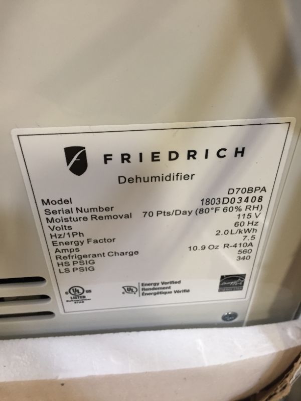 Photo 4 of Friedrich D70BPA 70 Pint Dehumidifier
