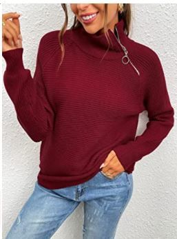 Photo 1 of 2 PACK BTFBM Women Casual Long Sleeve Turtleneck Sweaters Oblique Quarter Zip Solid Color Cute Knit Ribbed Fall Winter Pullover LARGE SOLID RED WINE