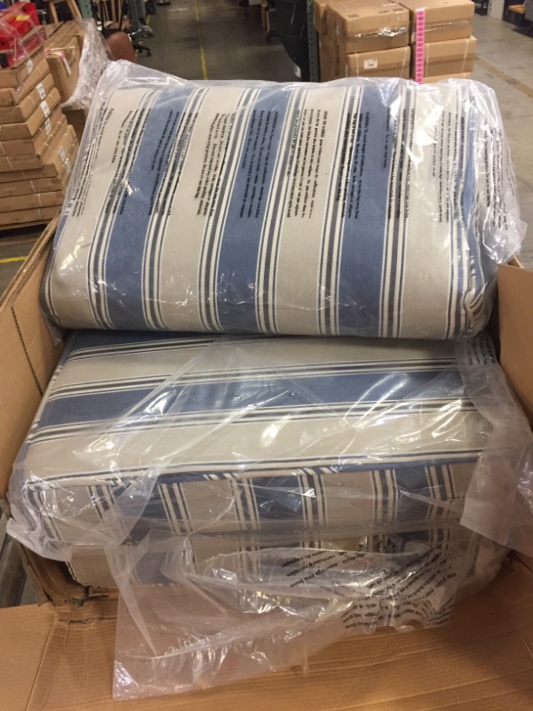 Photo 1 of 3 PACK CUSHIONS. INDOOR OUTDOOR. STRIPED BLUE AND GRAY. 2 SEAT CUSHIONS. 1 BACK CUSHION