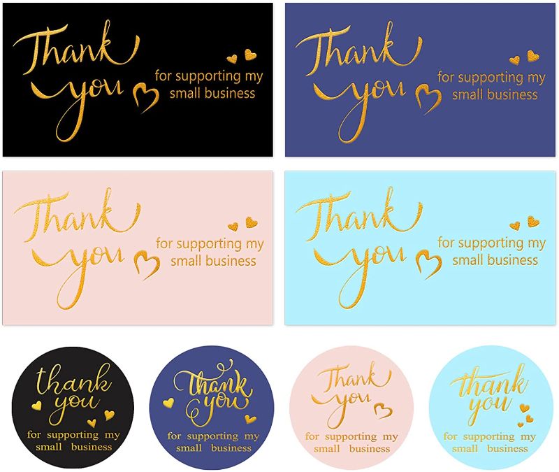 Photo 1 of 600PCS Thank You Business Cards, 100PCS Gold Foil Thank You for Supporting My Small Business Cards 500PCS 1.5” Thank You Sticker Labels for E-Commerce Retail Store Package Inserts, 4 Styles
