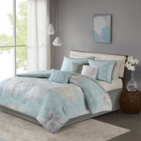 Photo 1 of Blue Leslie Reversible Cotton Sateen Comforter Set (King) 7pc