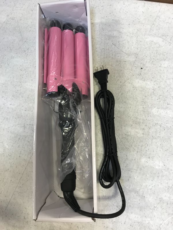 Photo 2 of Alure Three Barrel Curling Iron Wand with LCD Temperature Display - 1 Inch Ceramic Tourmaline Triple Barrels, Dual Voltage Crimp (Pink)