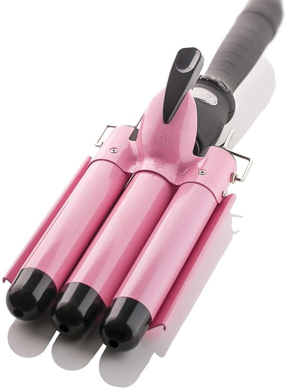 Photo 1 of Alure Three Barrel Curling Iron Wand with LCD Temperature Display - 1 Inch Ceramic Tourmaline Triple Barrels, Dual Voltage Crimp (Pink)