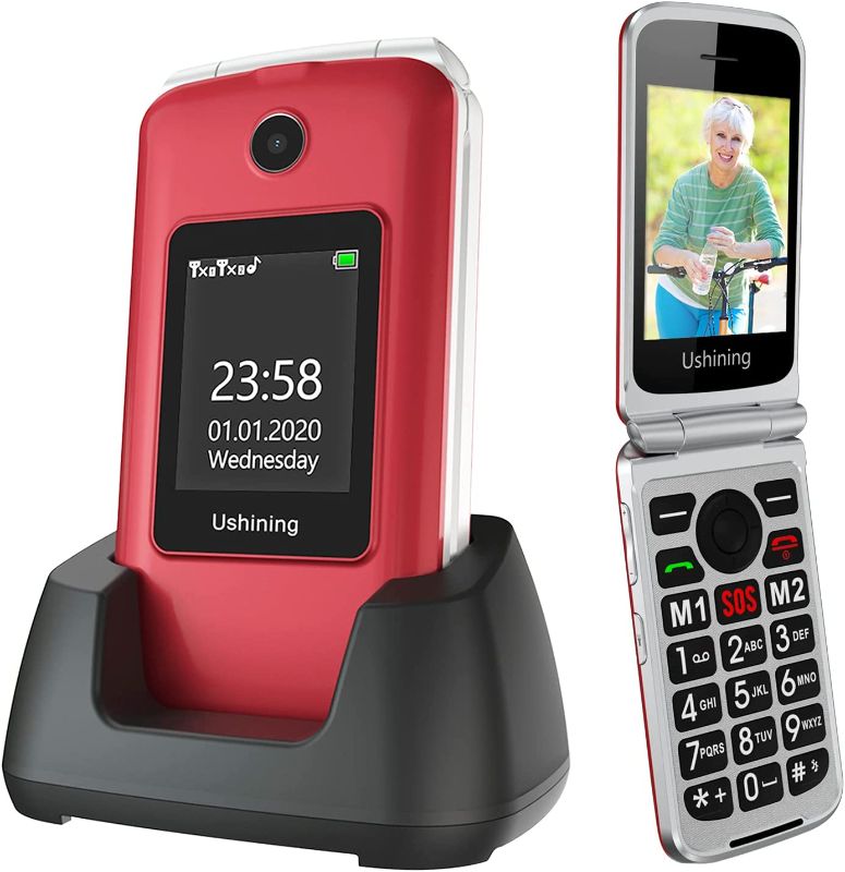 Photo 1 of Ushining Senior Flip Phone Unlocked 3G SOS Big Button Unlocked T Mobile Flip Phone 2.8" LCD and Large Keypad Basic Cell Phone with Charging Cradle for Seniors & Kids(Red)