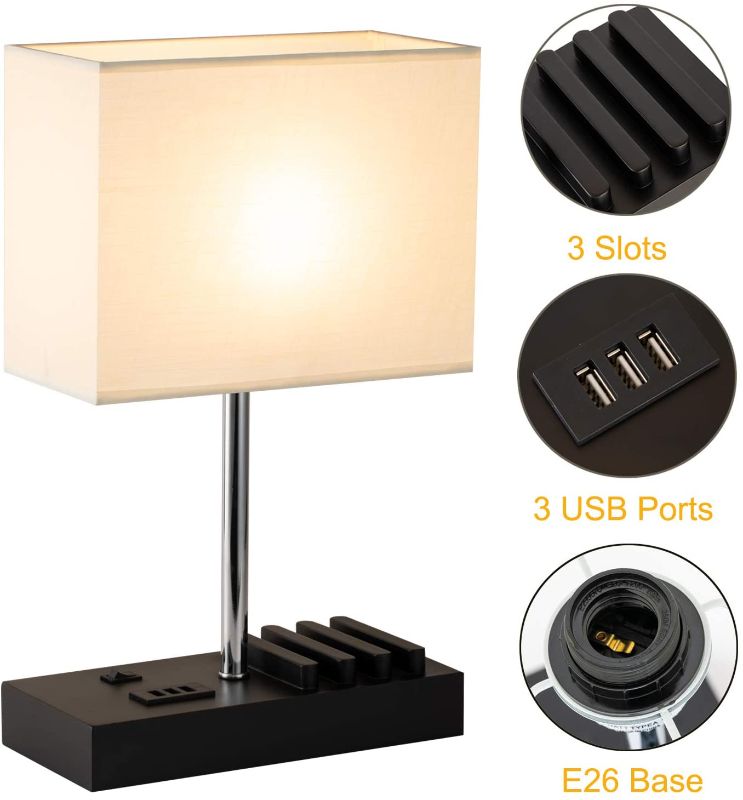 Photo 1 of USB Table Lamp, Briever Multi-Functional Desk Lamp with 3 USB Charging Ports and Phone Charge Dock, Black Wood Charging Station and Organizer, Perfect Light for Bedroom,Guest Room,Living Room,Office