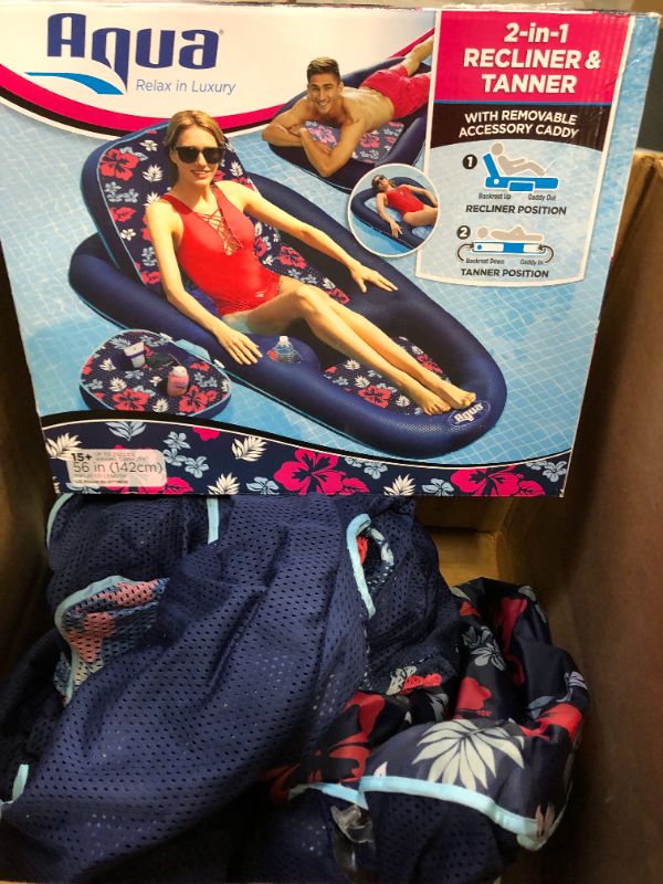 Photo 3 of Aqua Campania Ultimate 2 in 1 Recliner & Tanner Pool Lounger with Adjustable Backrest and Caddy, Inflatable Pool Float, Navy Hibiscus (AQL14856AZ)