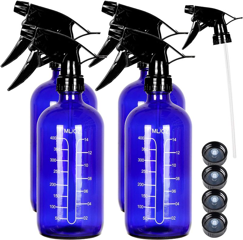 Photo 1 of Youngever 4 Pack 16 Ounce Empty Glass Spray Bottles with Measurements, Spray Bottles for Hair and Cleaning Solutions (Blue)