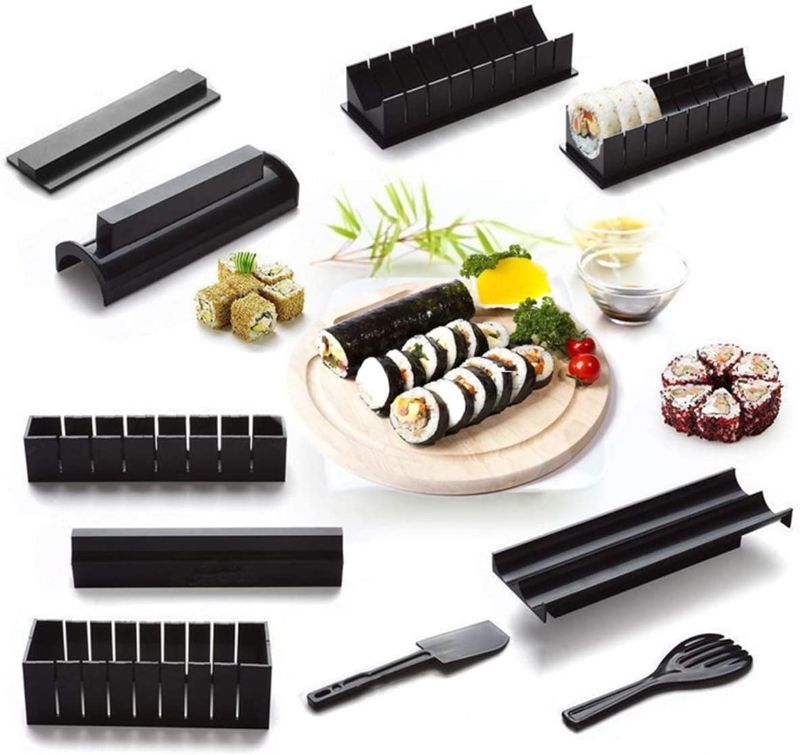 Photo 1 of 10 Piece Sushi Making Kit for Beginners, Plastic Sushi Maker Tool Complete with 8 Sushi Rice Roll Mold Shapes and 2 Fork Spatula DIY Home Sushi Tool for Maki Rolls Sushi Rolls