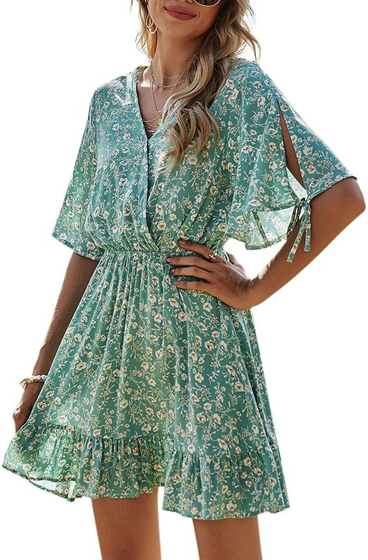 Photo 1 of womens summer dresses short sleeve v neck floral ruffle wrap high waist casual swing , short mini dress for women
size M