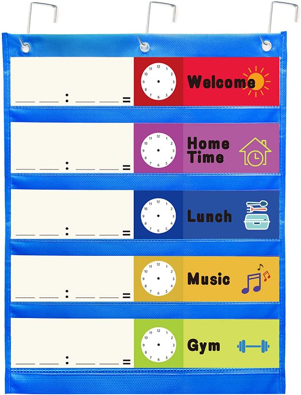 Photo 1 of Youngever Small Classroom Pocket Chart 17 inch X 22 inch, 5 Pocket, Daily Schedule Pocket Chart, with 10 Double-Sided Reusable Dry Erase Cards (10 Colors Design, 5 Stripe Design, 5 Blank)