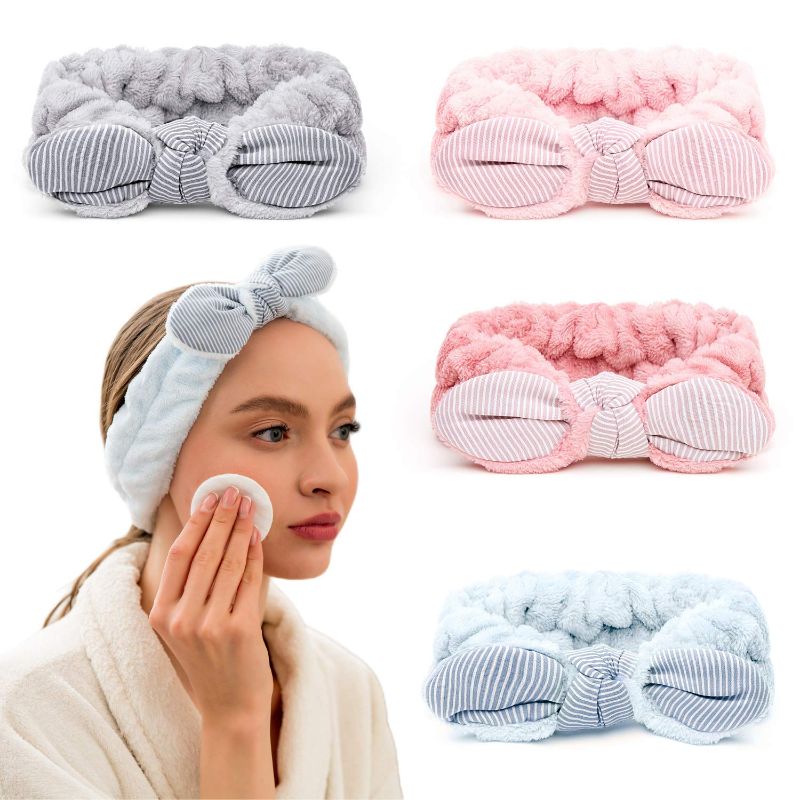 Photo 1 of Cozy Headbands Spa Headband for Washing Face Headbands For Women Hair Wash Headband Makeup Shower Spa Skincare Facial Face Wash Cute Terry Cloth Bowtie Microfiber Hairband Holder Towel Wrap - 4 Pack
