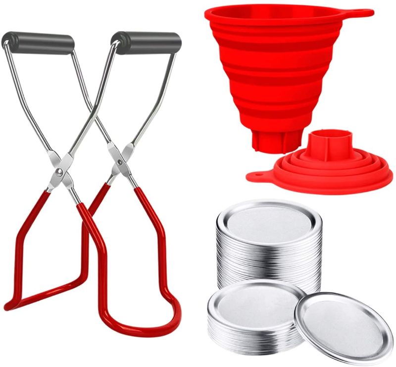 Photo 1 of 10PCS Canning Lids for Regular Mouth Mason Jar and Stainless Steel Canning Jar Lifter Tongs and Large Silicone Collapsible Foldable Funnel and 70mm Canning Jar Caps for Home Canning Supplies
