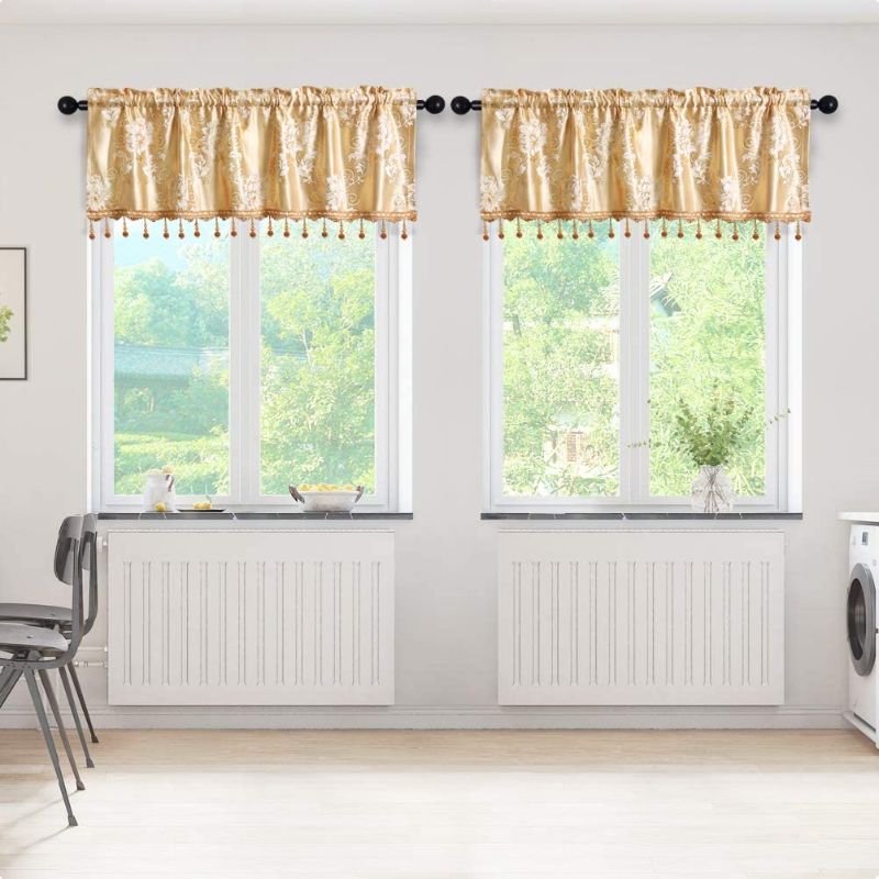 Photo 1 of ELKCA Gold Jacquard Floral Window Curtain Valance with Beads, 52x18 inches, Pack of 2 Panels, Rod Pocket Curtain Tier for Kitchen (Floral-Golden, 52" W x 18" L)
