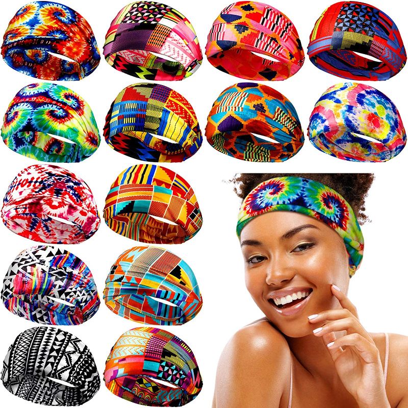 Photo 1 of 14 Pieces African Headband Women Headband Yoga Sports Headband with Strip and Floral Prints for Women Girls Hair Accessories (Classic African Patterns)
