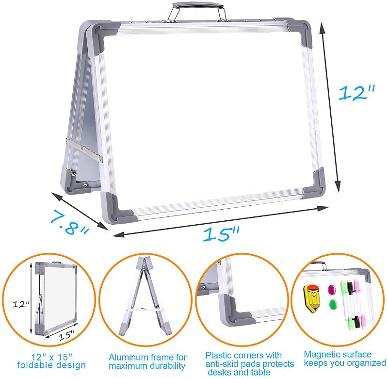 Photo 1 of CASEKEY White Board School Supplies Dry Erase Boards,Foldable Double Sided on Tabletop with Holder for Students Kids,Durable Portable Small Magnetic Board for Home School Office Supplies,15"x12"

