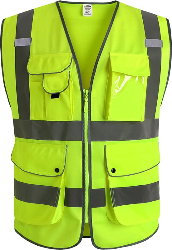 Photo 1 of JKSafety 9 Pockets Class 2 High Visibility Zipper Front Safety Vest With Reflective Strips, Yellow Meets ANSI/ISEA Standards (X-Large)

XL