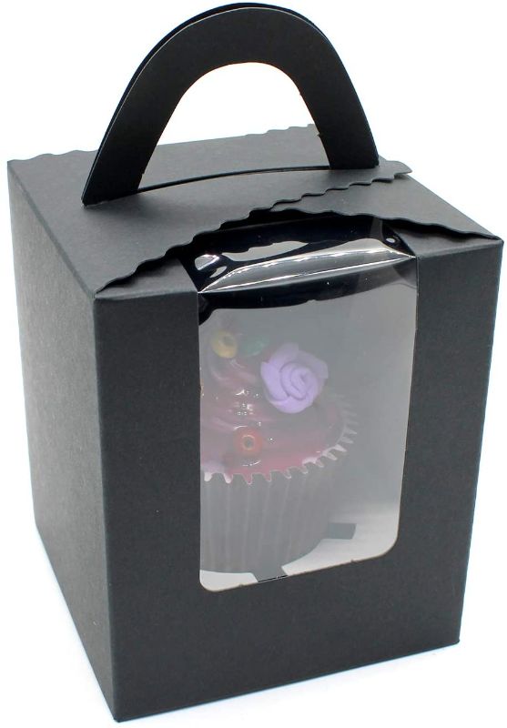 Photo 1 of 50 Pcs Paper Cupcakes Boxes,Portable Single Individual Cupcake Gift Boxes with Window Inserts Handle for Wedding Candy Boxes (Black)
